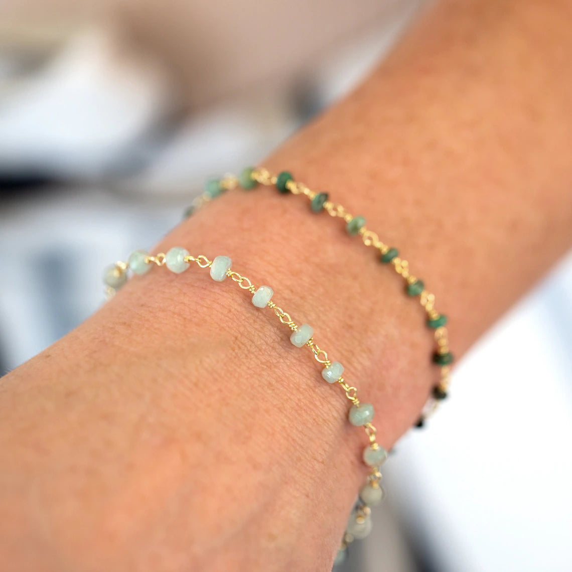 Real Gemstone Bracelets, Aquamarine Emerald Beaded Chain Stacking Bracelets, Zodiac Crystal Birthstone Jewelry Gift Mom Daughter Grandma