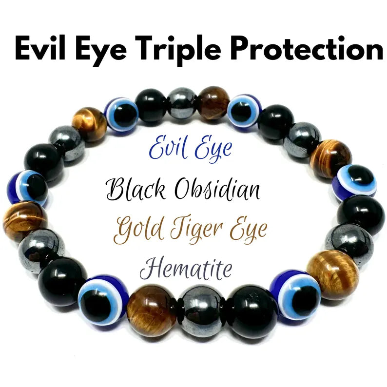 Evil Eye Bracelet With Triple Protection Crystal Beads - Black Obsidian, Gold Tiger Eye & Hematite