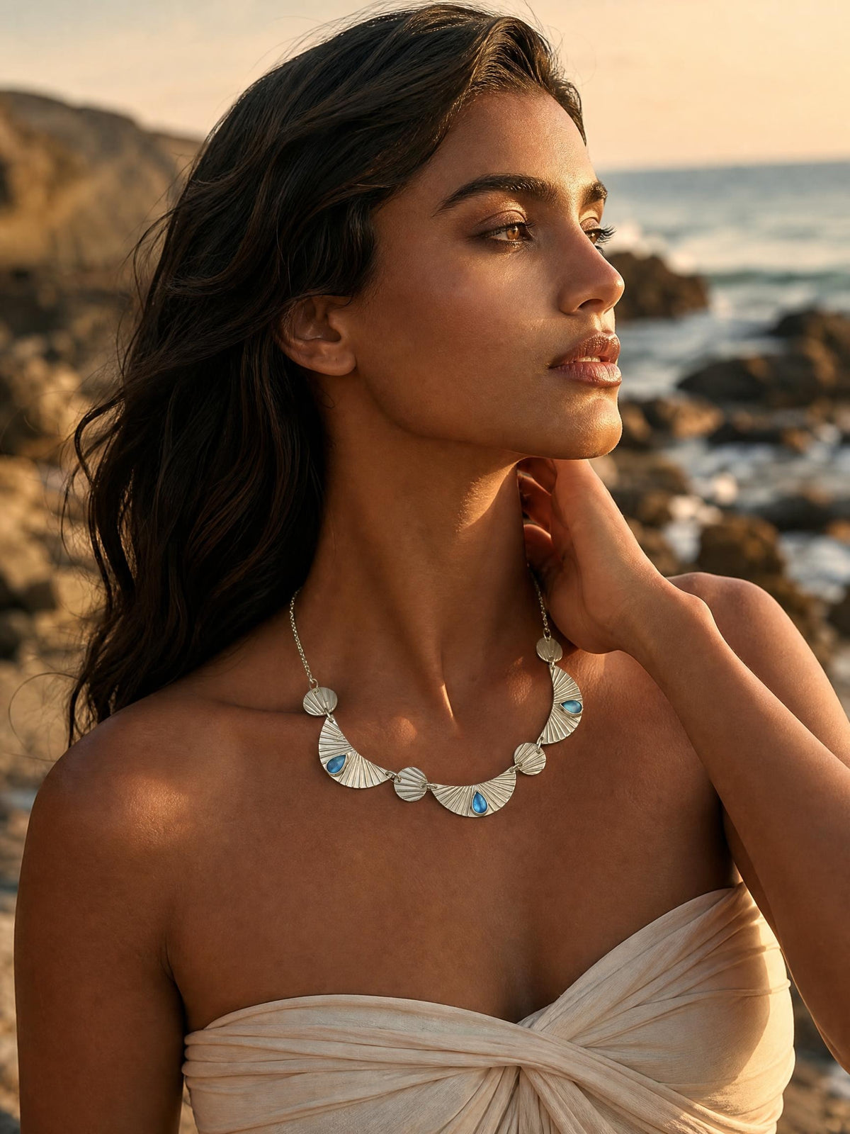 Natural Blue Fluorite & 999 Sterling Silver Necklace, Handmade Vintage Fan Pendant, Unique Gift for Her
