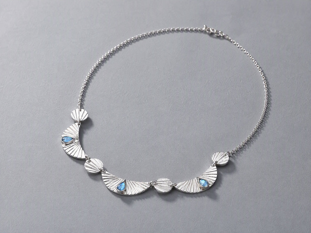Natural Blue Fluorite & 999 Sterling Silver Necklace, Handmade Vintage Fan Pendant, Unique Gift for Her
