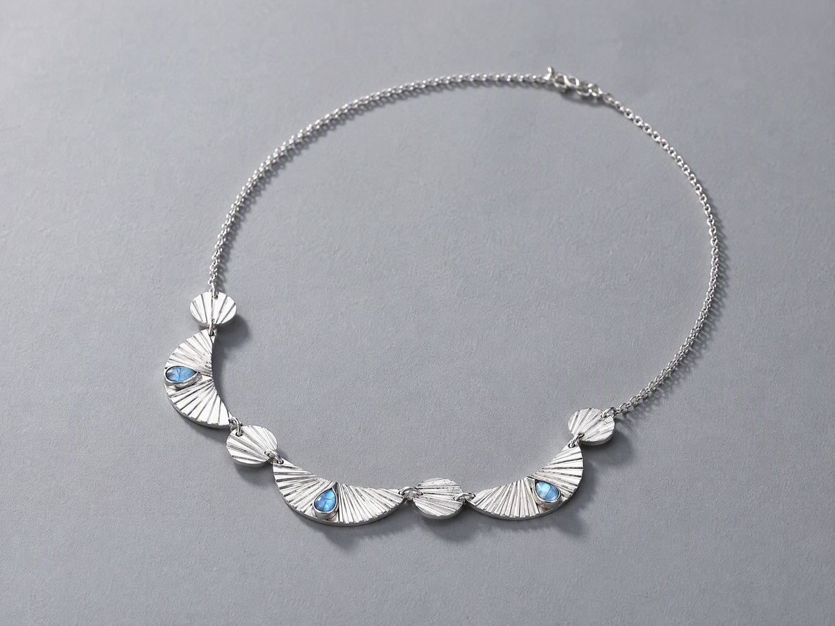 Natural Blue Fluorite & 999 Sterling Silver Necklace, Handmade Vintage Fan Pendant, Unique Gift for Her