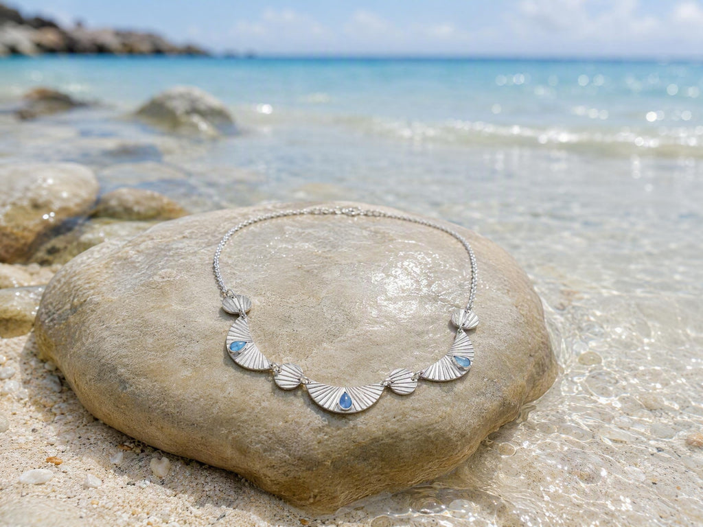 Natural Blue Fluorite & 999 Sterling Silver Necklace, Handmade Vintage Fan Pendant, Unique Gift for Her