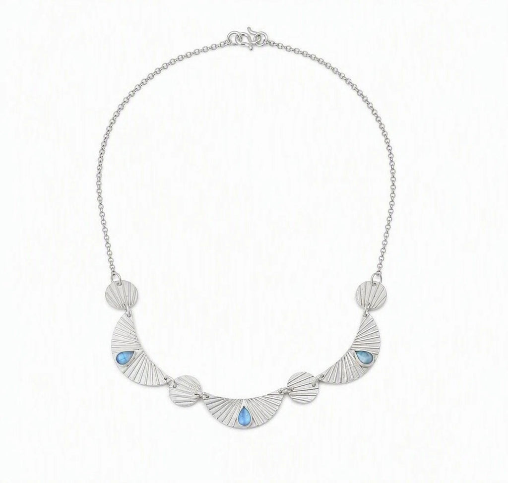 Natural Blue Fluorite & 999 Sterling Silver Necklace, Handmade Vintage Fan Pendant, Unique Gift for Her