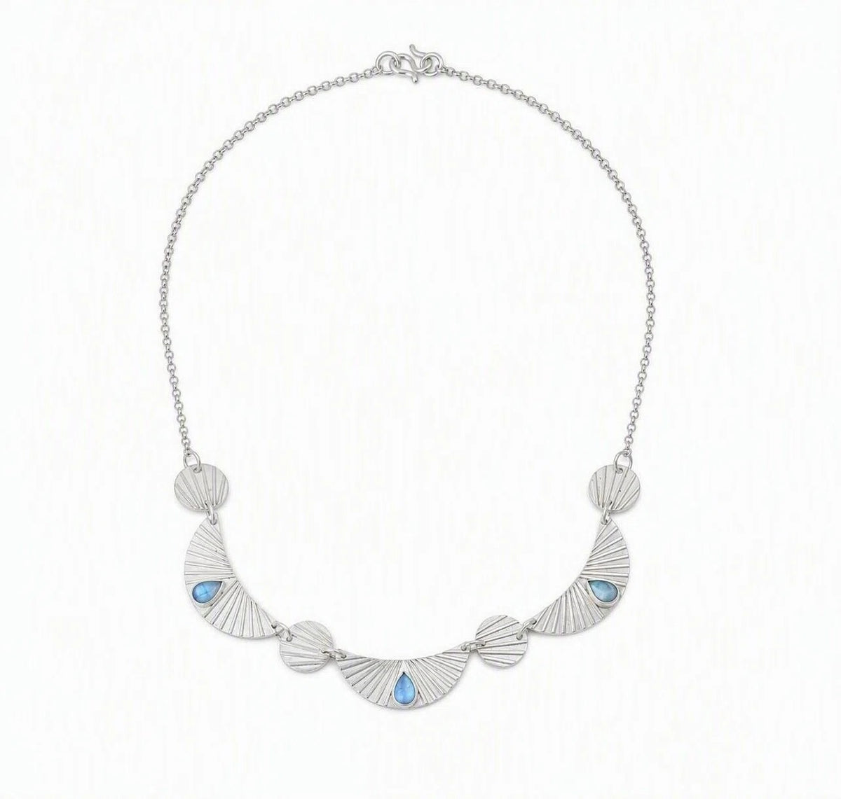 Natural Blue Fluorite & 999 Sterling Silver Necklace, Handmade Vintage Fan Pendant, Unique Gift for Her
