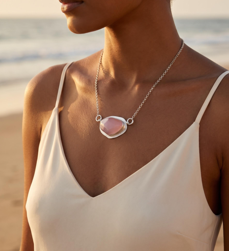 Rare Alashan Pink Agate Pendant Necklace in 999Sterling Silver - Natural Inner Mongolia Gemstone Charm