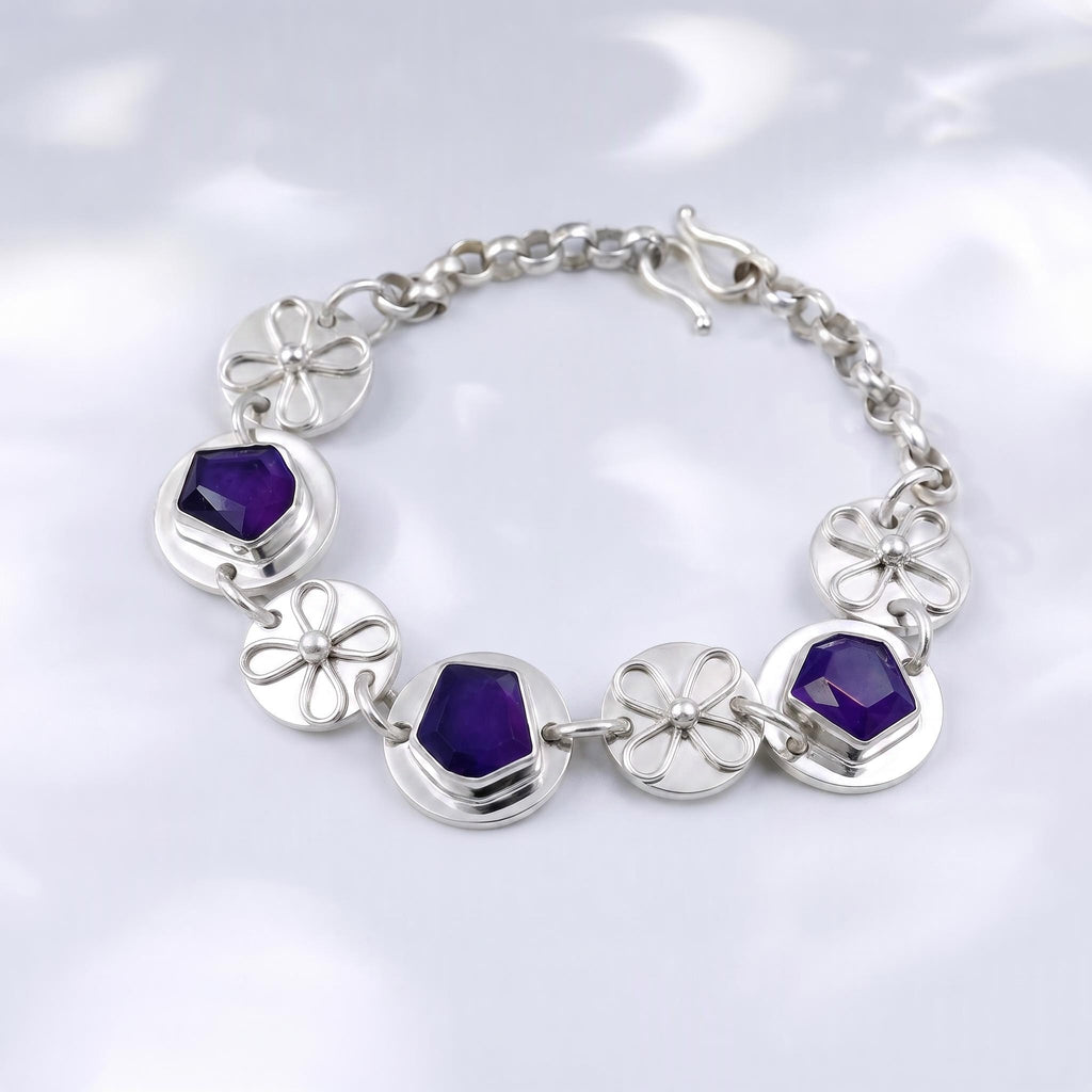 Handmade Sterling Silver Natural Amethyst Bracelet - Purple Gemstone Bezel Set Jewelry