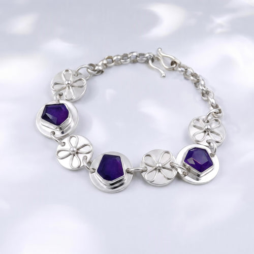 Handmade Sterling Silver Natural Amethyst Bracelet - Purple Gemstone Bezel Set Jewelry