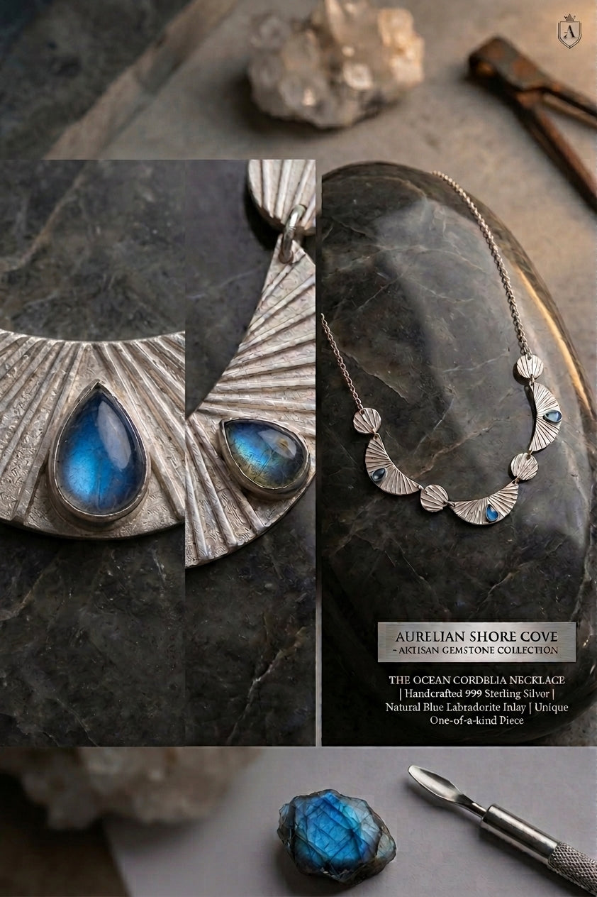 Natural Blue Fluorite & 999 Sterling Silver Necklace, Handmade Vintage Fan Pendant, Unique Gift for Her