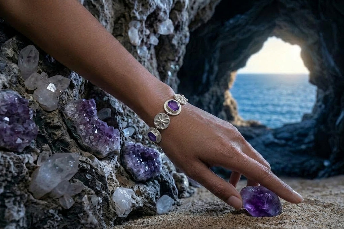 Handmade Sterling Silver Natural Amethyst Bracelet - Purple Gemstone Bezel Set Jewelry