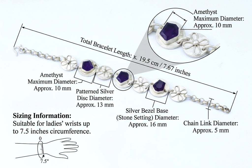 Handmade Sterling Silver Natural Amethyst Bracelet - Purple Gemstone Bezel Set Jewelry