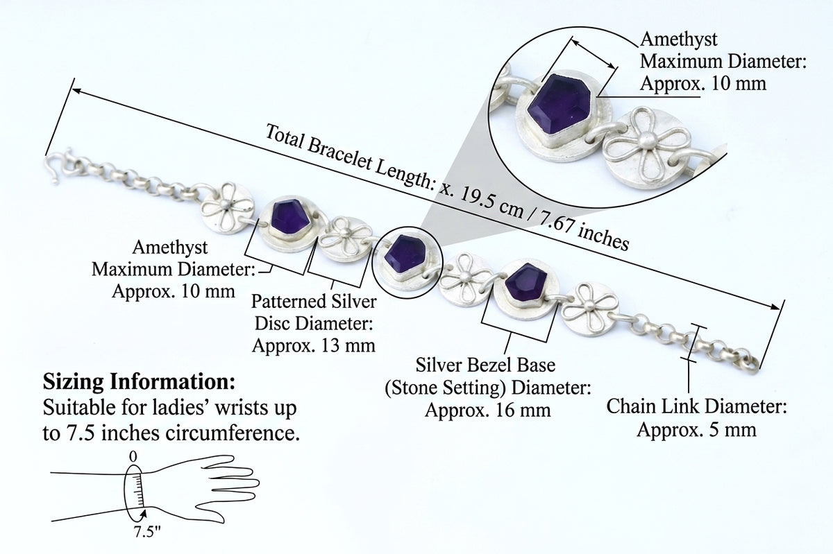 Handmade Sterling Silver Natural Amethyst Bracelet - Purple Gemstone Bezel Set Jewelry