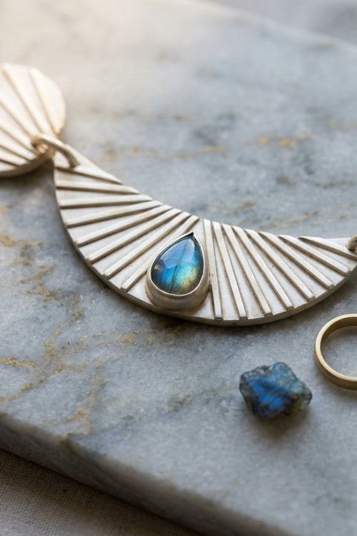 Natural Blue Fluorite & 999 Sterling Silver Necklace, Handmade Vintage Fan Pendant, Unique Gift for Her