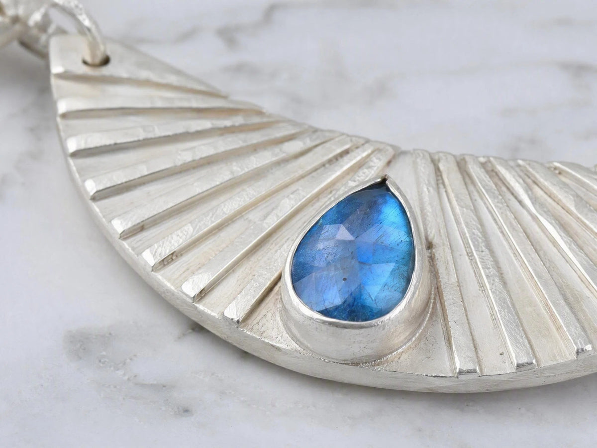 Natural Blue Fluorite & 999 Sterling Silver Necklace, Handmade Vintage Fan Pendant, Unique Gift for Her