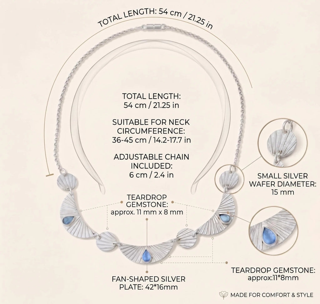 Natural Blue Fluorite & 999 Sterling Silver Necklace, Handmade Vintage Fan Pendant, Unique Gift for Her