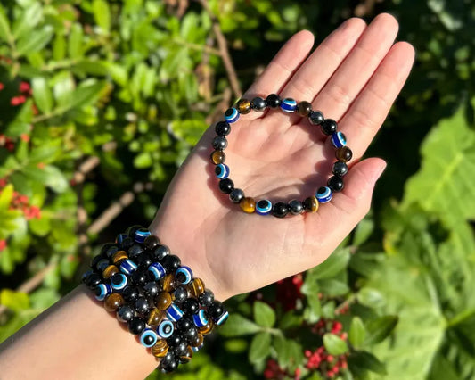 Evil Eye Bracelet With Triple Protection Crystal Beads - Black Obsidian, Gold Tiger Eye & Hematite